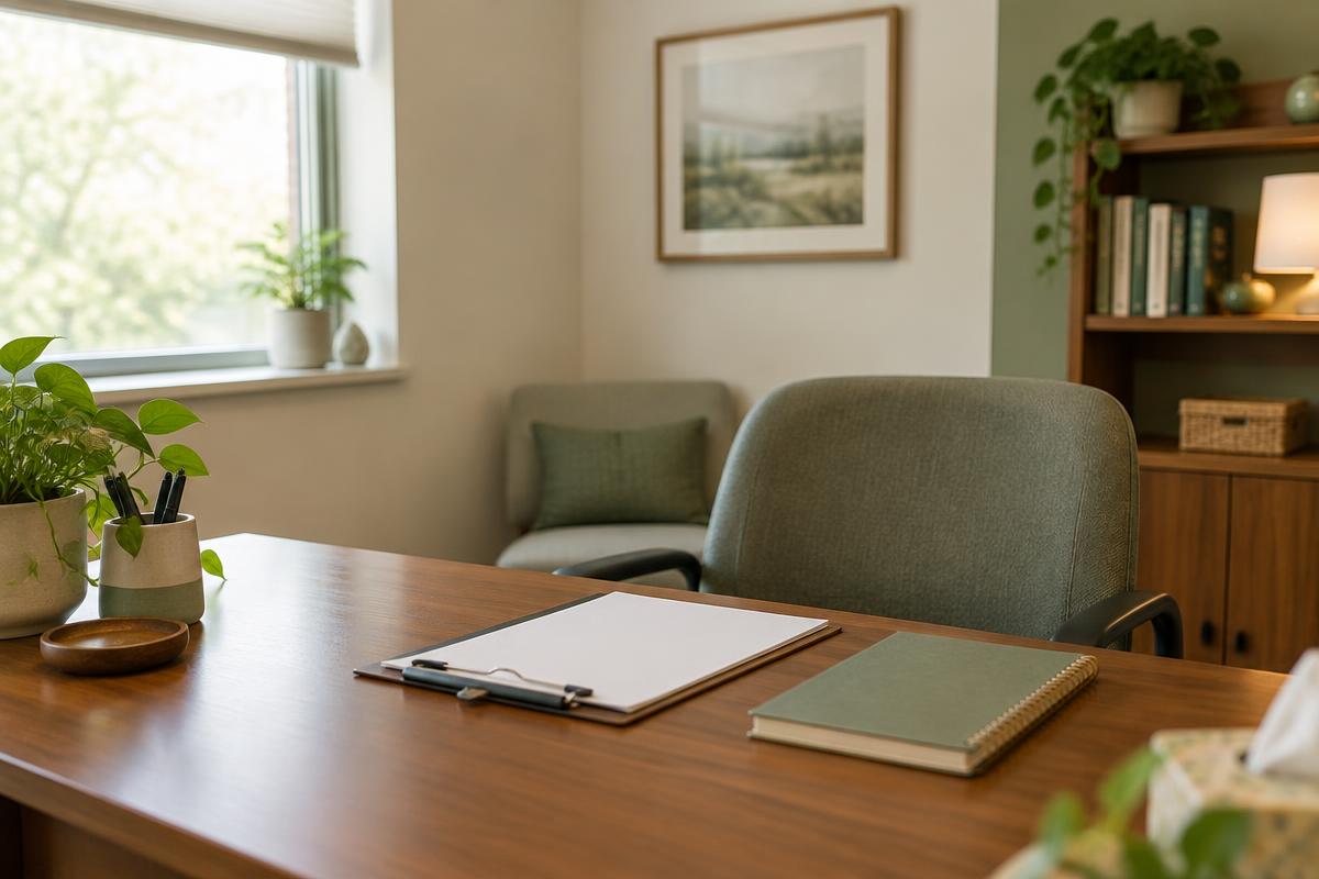 A tidy office desk with a clipboard and soft morning light