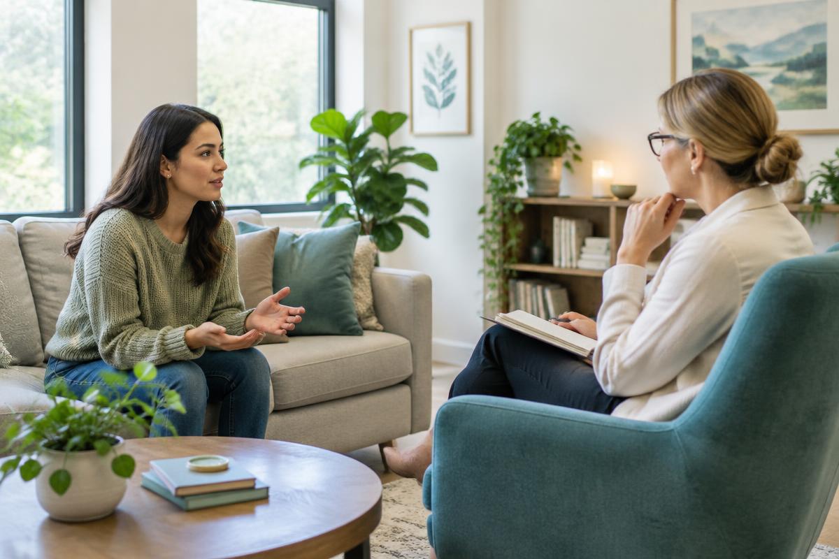 A client talking with a therapist in a bright, calm office