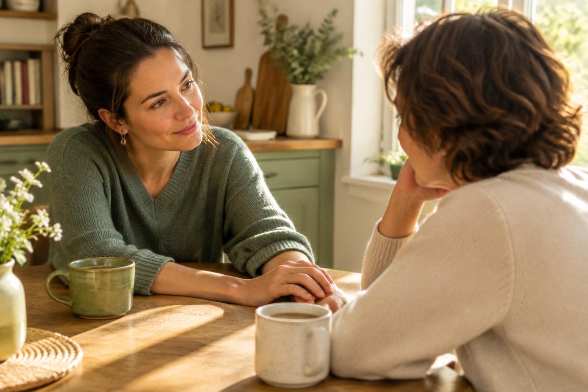 Two people having a caring conversation at a sunlit kitchen table