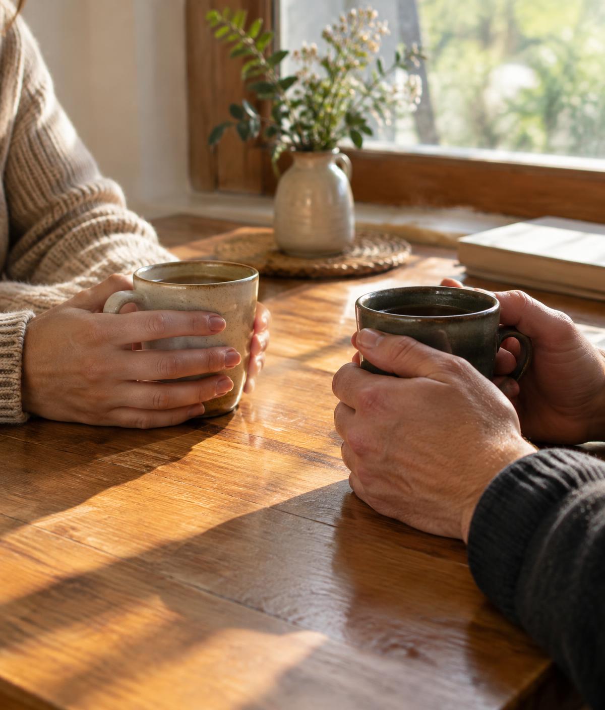 Two people sharing coffee at a sunlit table