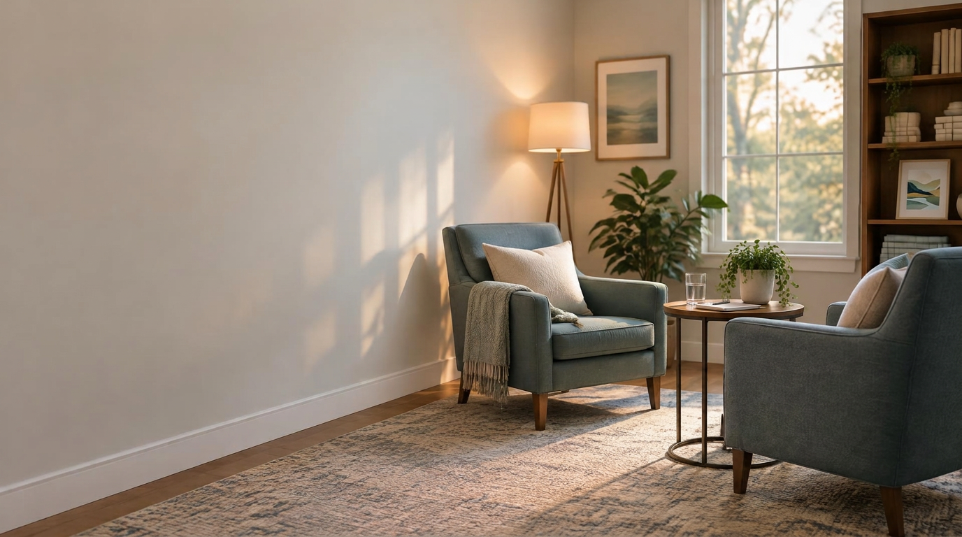 A calm, softly lit counseling room with two armchairs facing each other