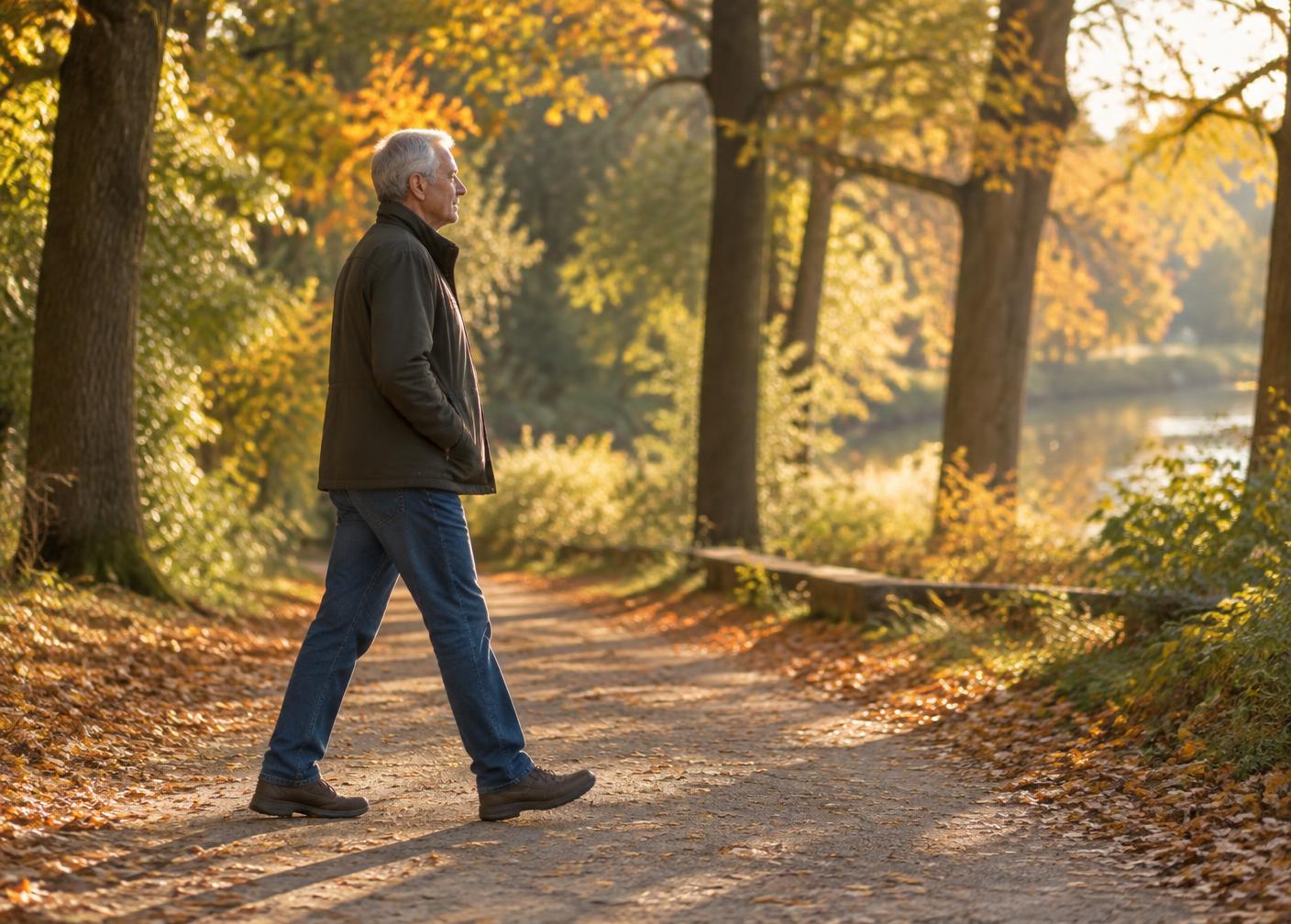 An older man walking on a tree-lined path in autumn light