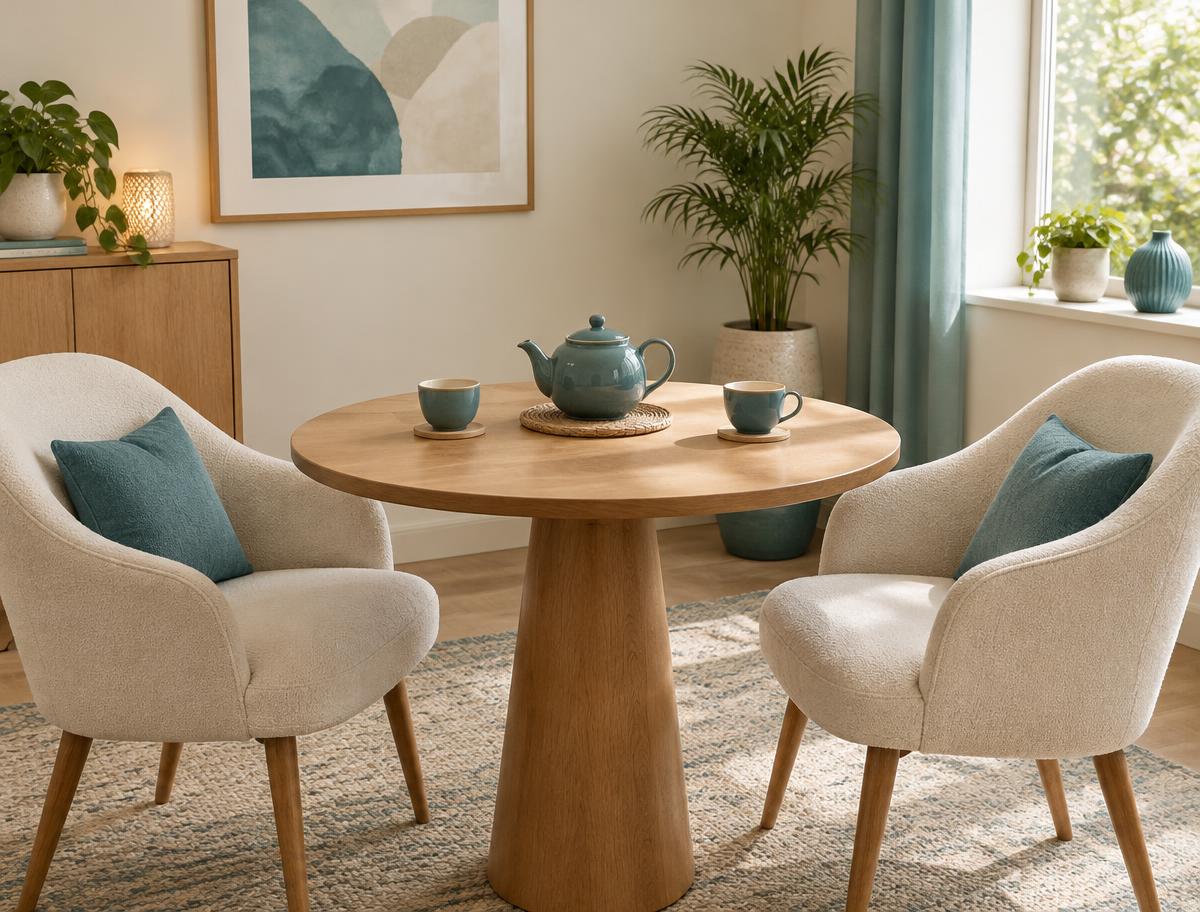 A small round table with two chairs and a teapot in a consultation room