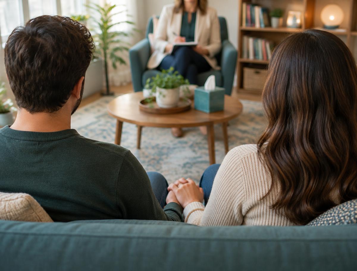 A couple sitting together on a sofa during a counseling session