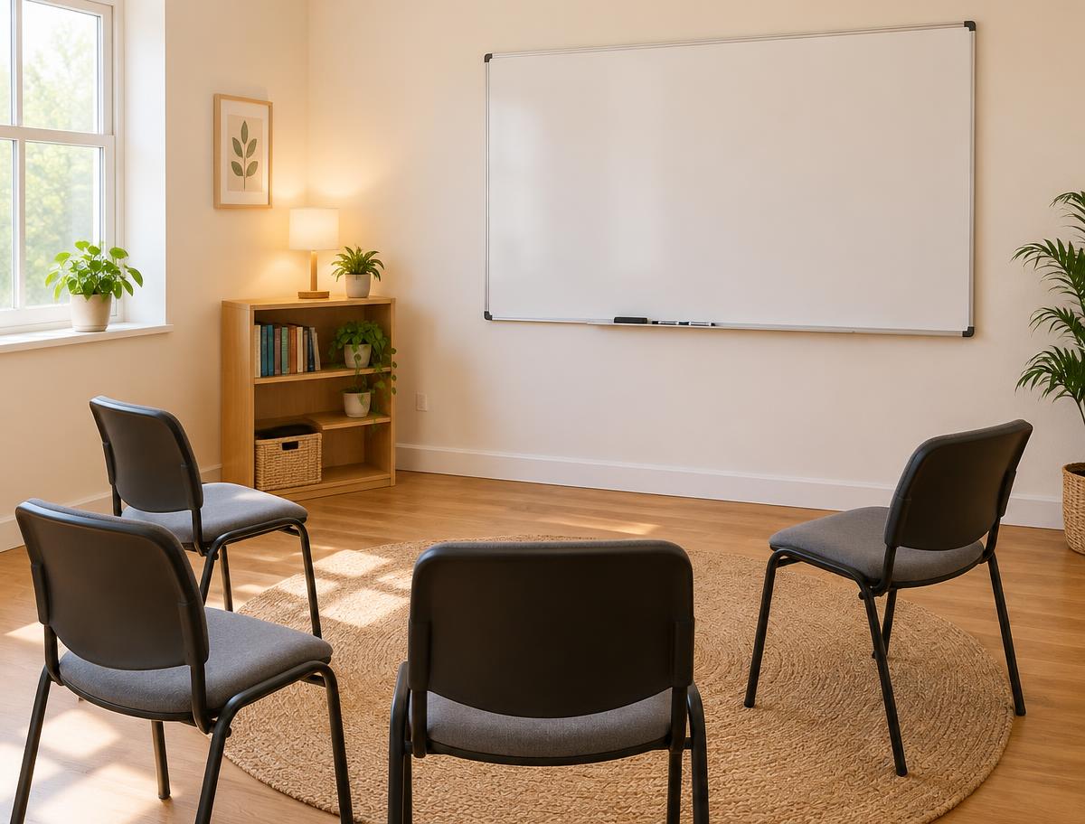 A bright, small classroom with chairs arranged in a circle