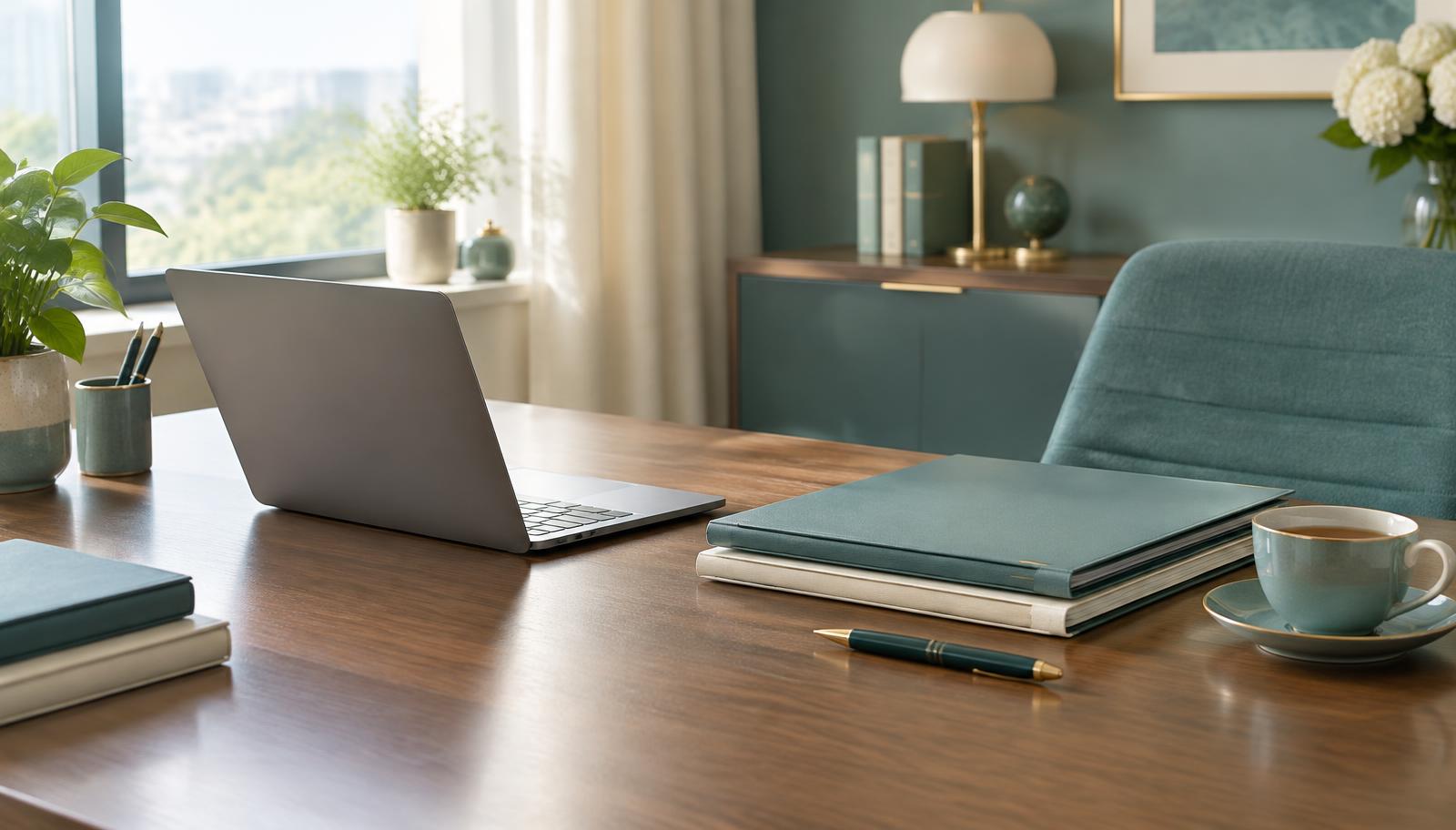 A tidy office desk with a laptop, folders, and a cup of tea
