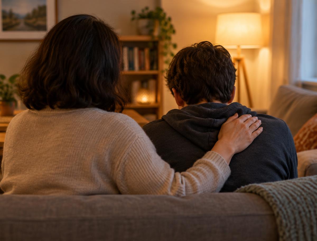 A family member resting a supportive hand on a loved one's shoulder