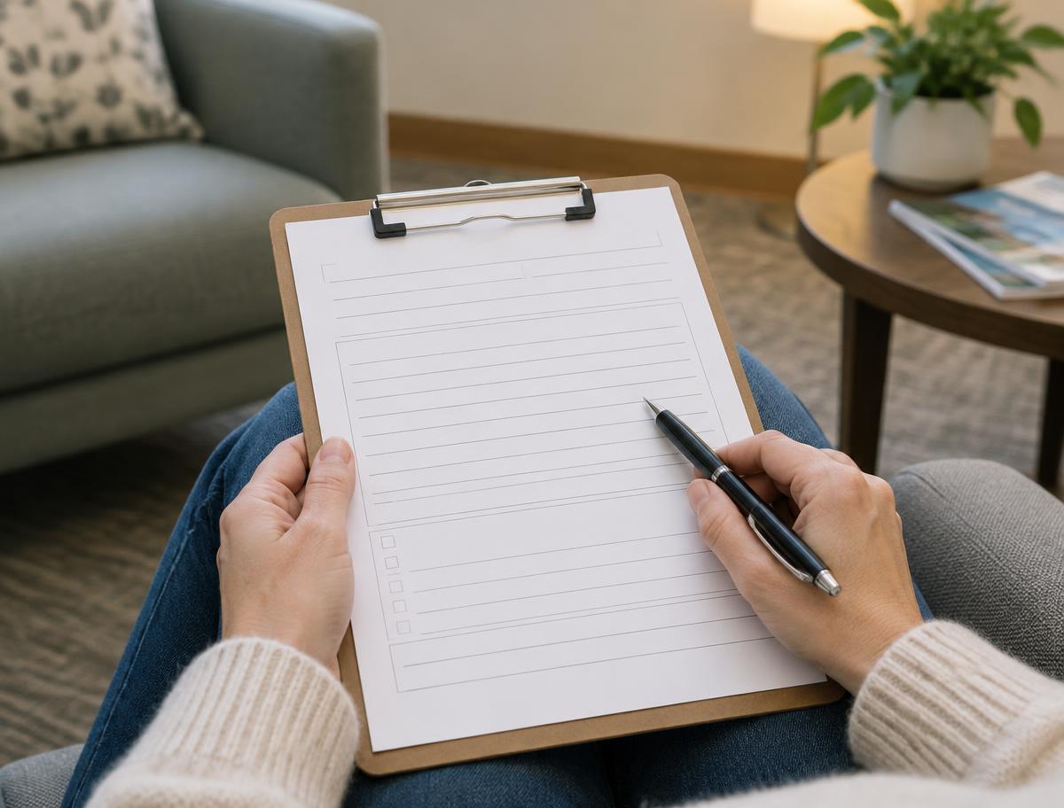 A person filling in a form on a clipboard in a waiting room