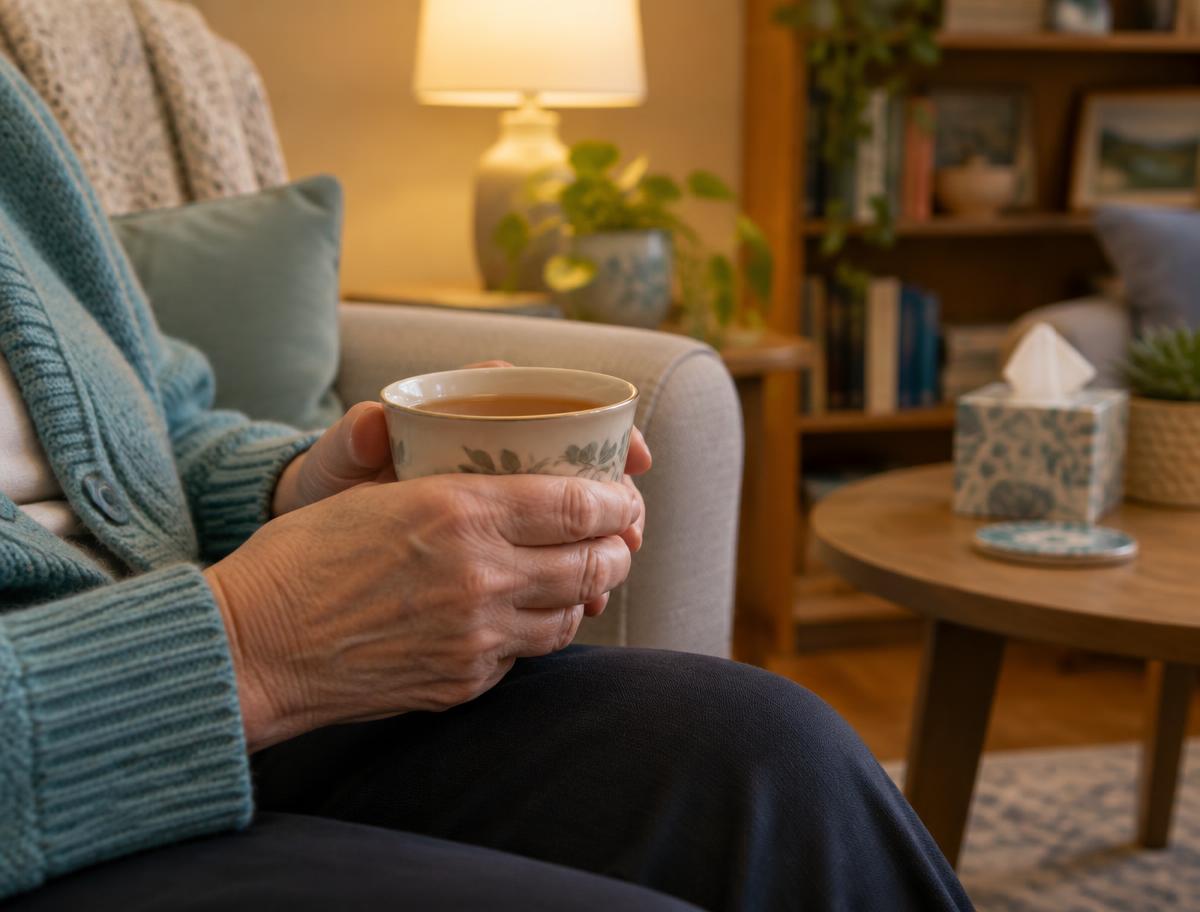 An older adult holding a cup of tea in a cozy counseling room