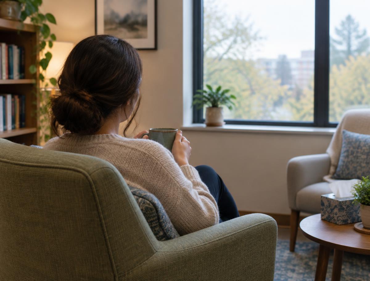 A person sitting in an armchair with a mug, looking toward a window