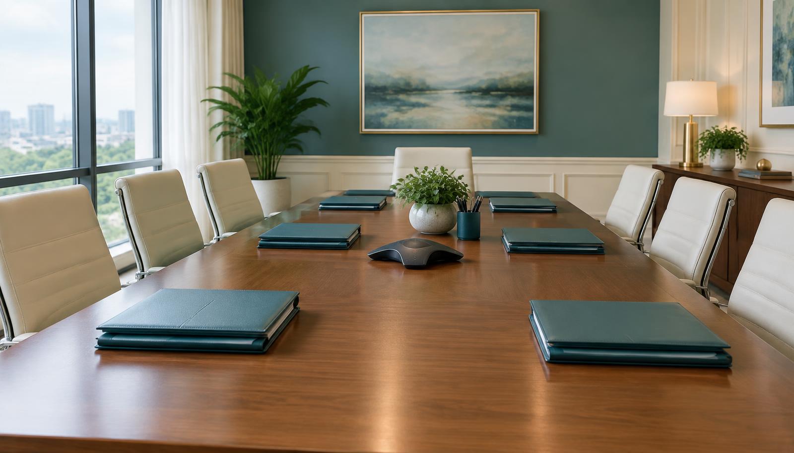 A professional meeting room with folders on a wooden table