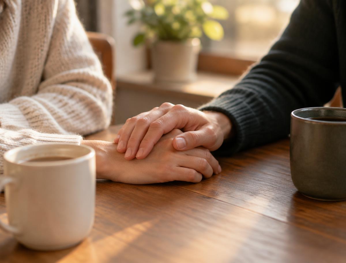 Two people holding hands across a table during a supportive conversation