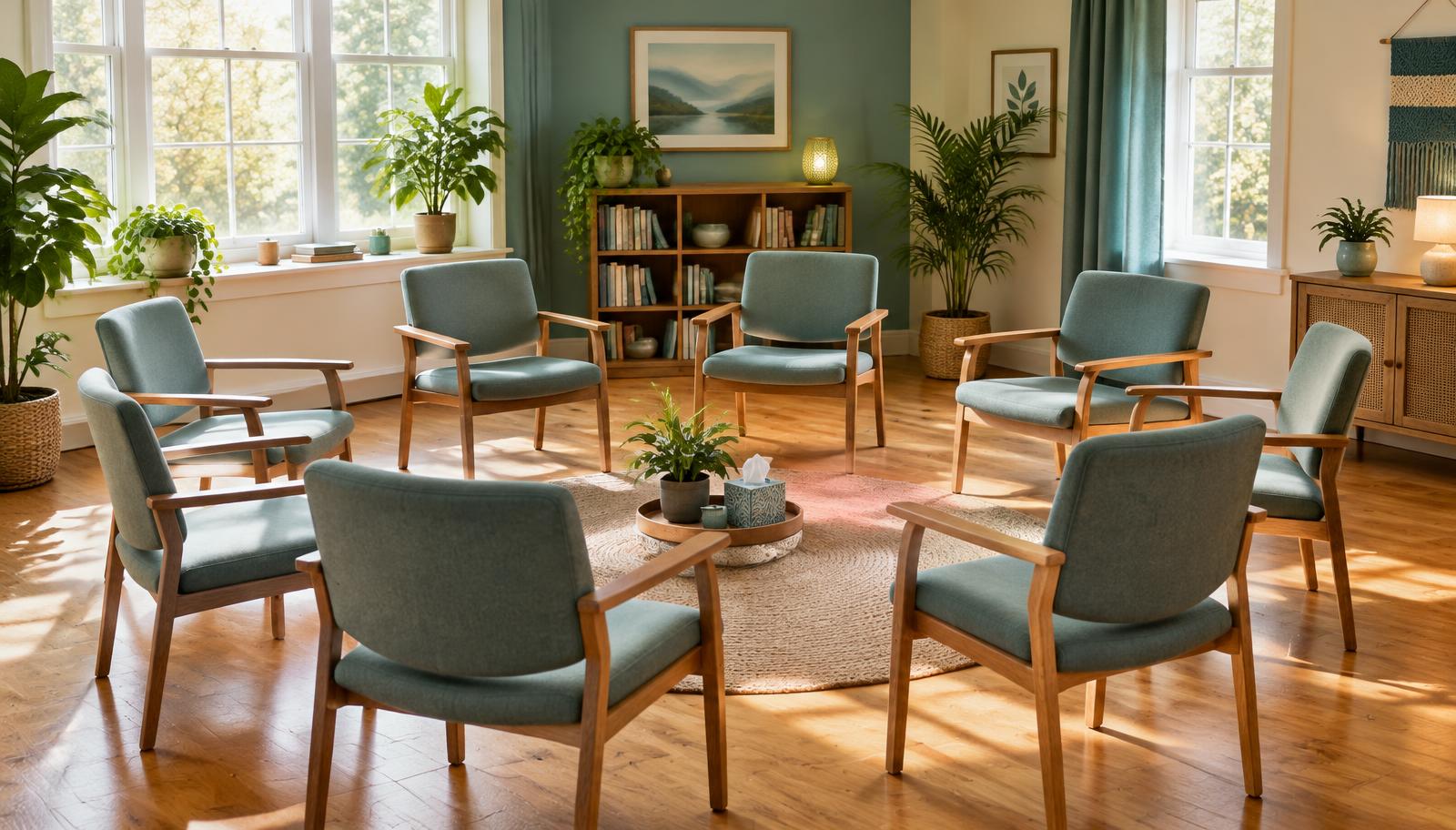 A circle of chairs in a warm, light-filled group room