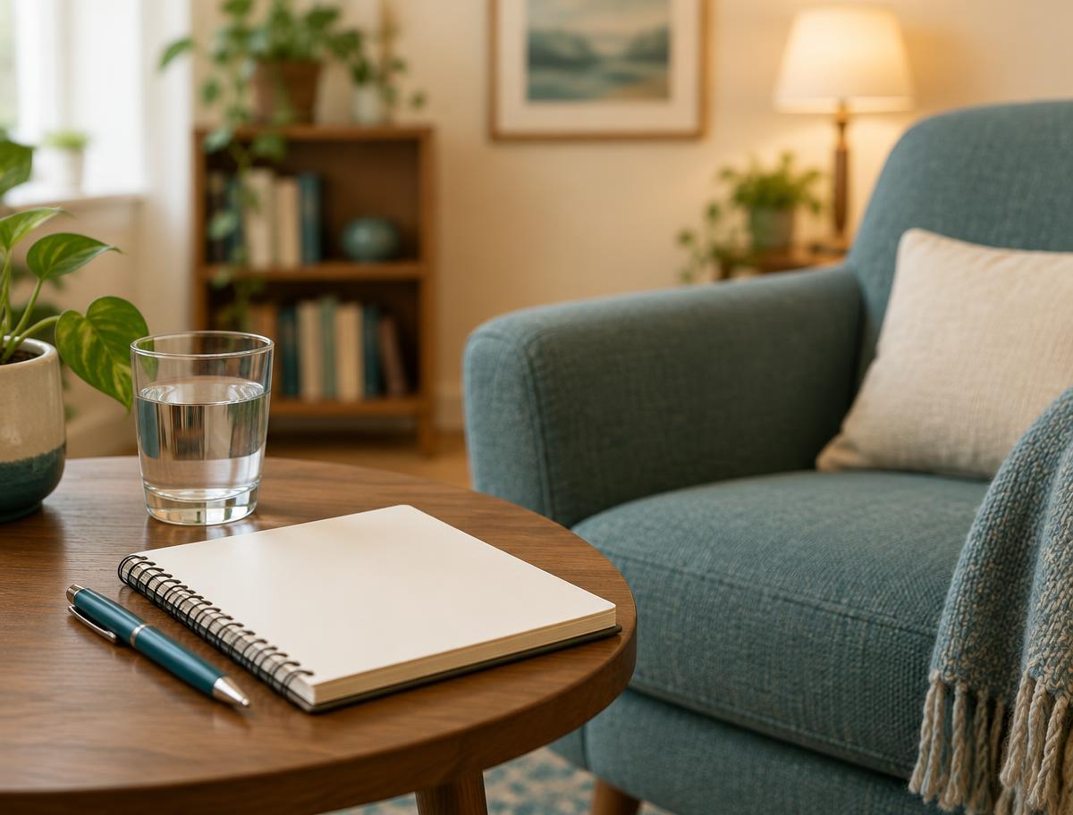 A notebook and glass of water beside an armchair in a counseling room