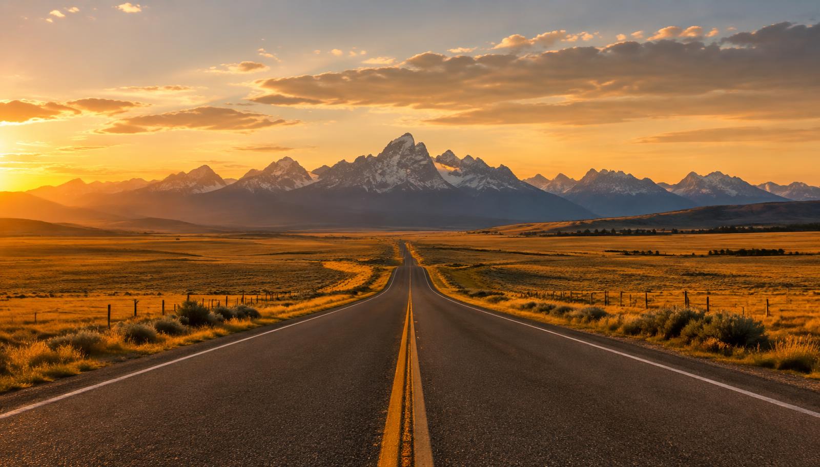 An open prairie road leading toward mountains at golden hour
