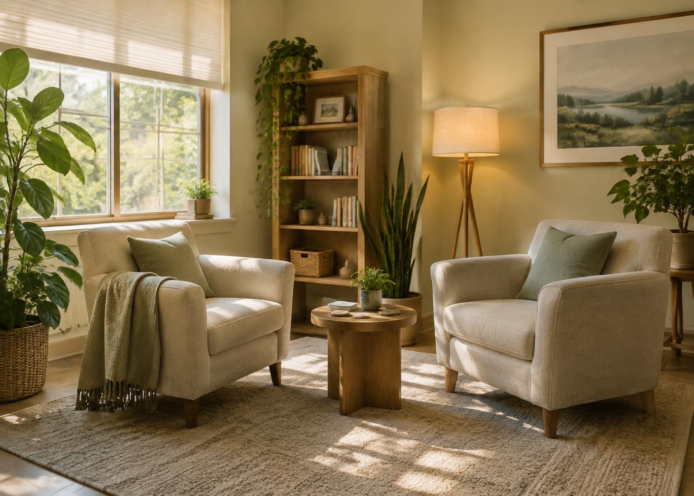 A calm room with two armchairs, plants, and soft window light